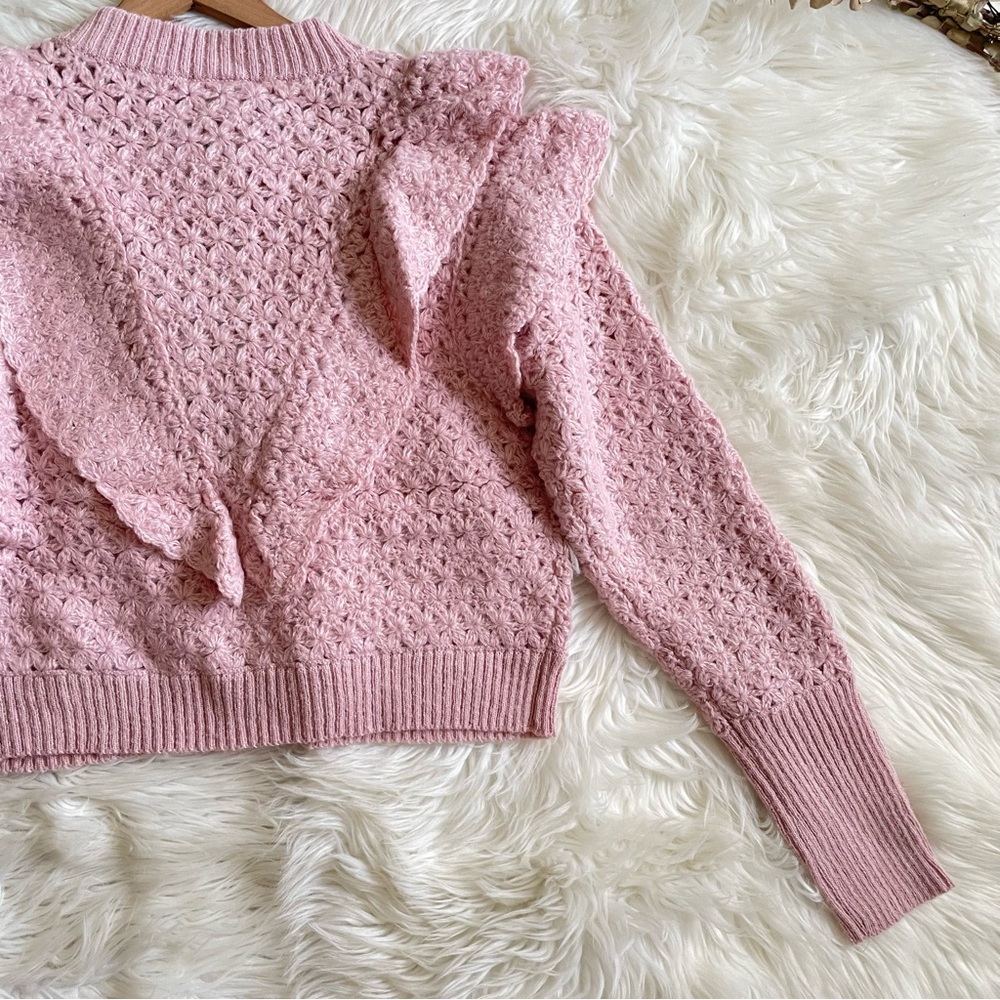Farm Rio Pink Flower Texture Crochet Knit Ruffle Cardigan Sweater NWT Small - Picture 14 of 16